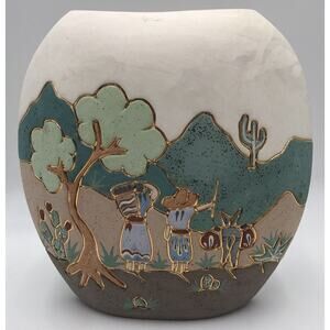 Vtg Ceramica Gardiel Aqua White Beige Gold Outlined Mexican Scene Vase 10"
